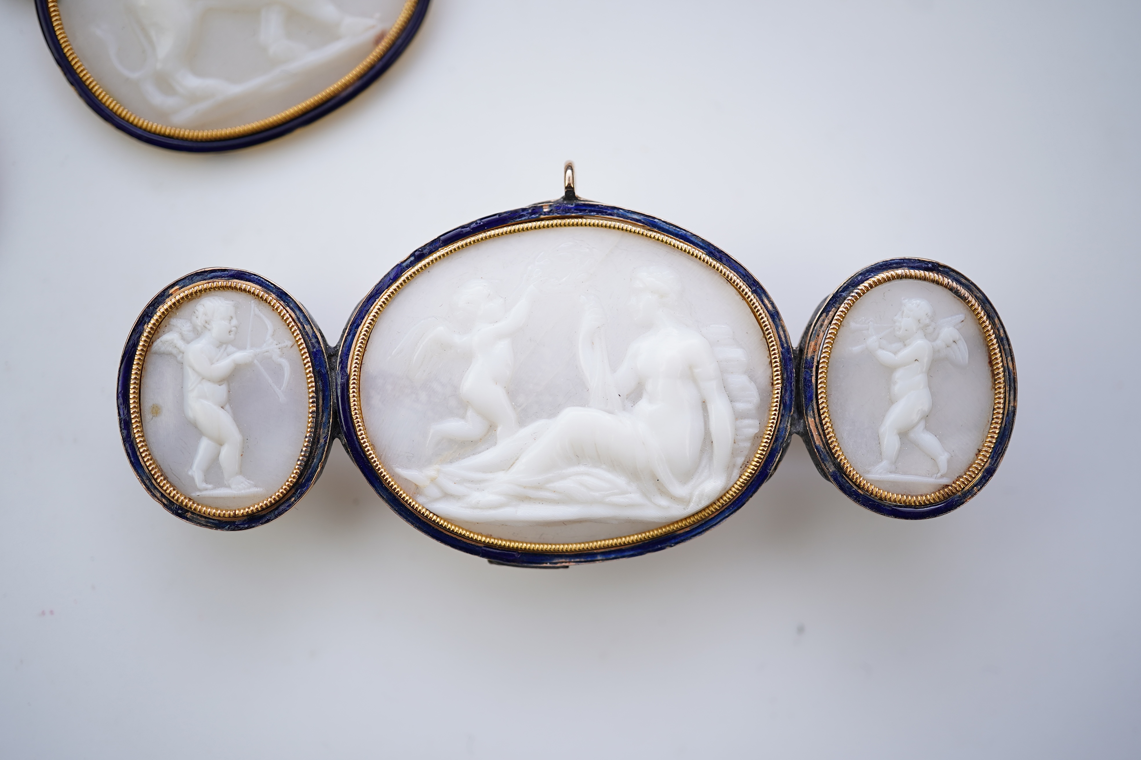 A rare early George III shell cameo and enamel brooch and necklace, early 19th century and later